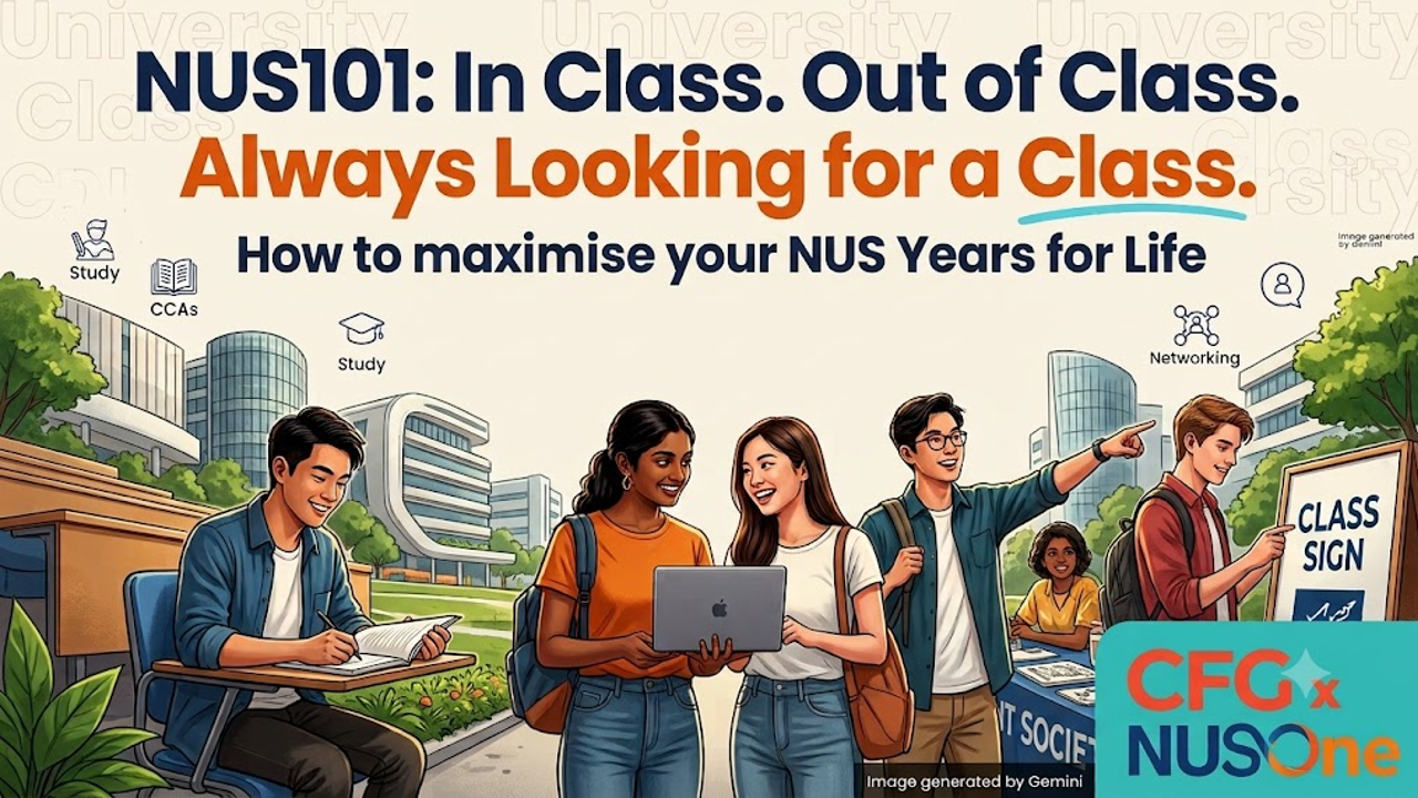 [CFGxNUSOne Workshop] NUS101: In Class. Out of Class. Always Looking for a Class.  How to maximise your NUS Years for Life EDM image