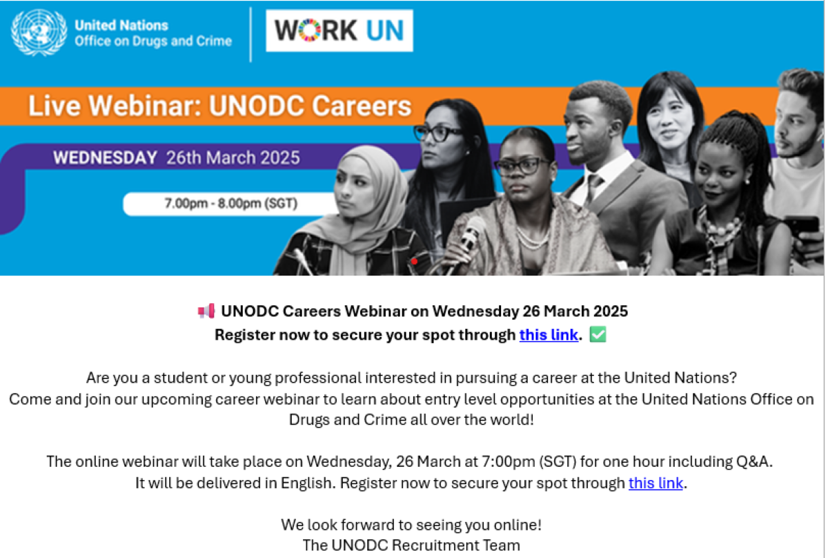 United Nations Office on Drugs and Crime (UNODC) Career Webinar EDM image