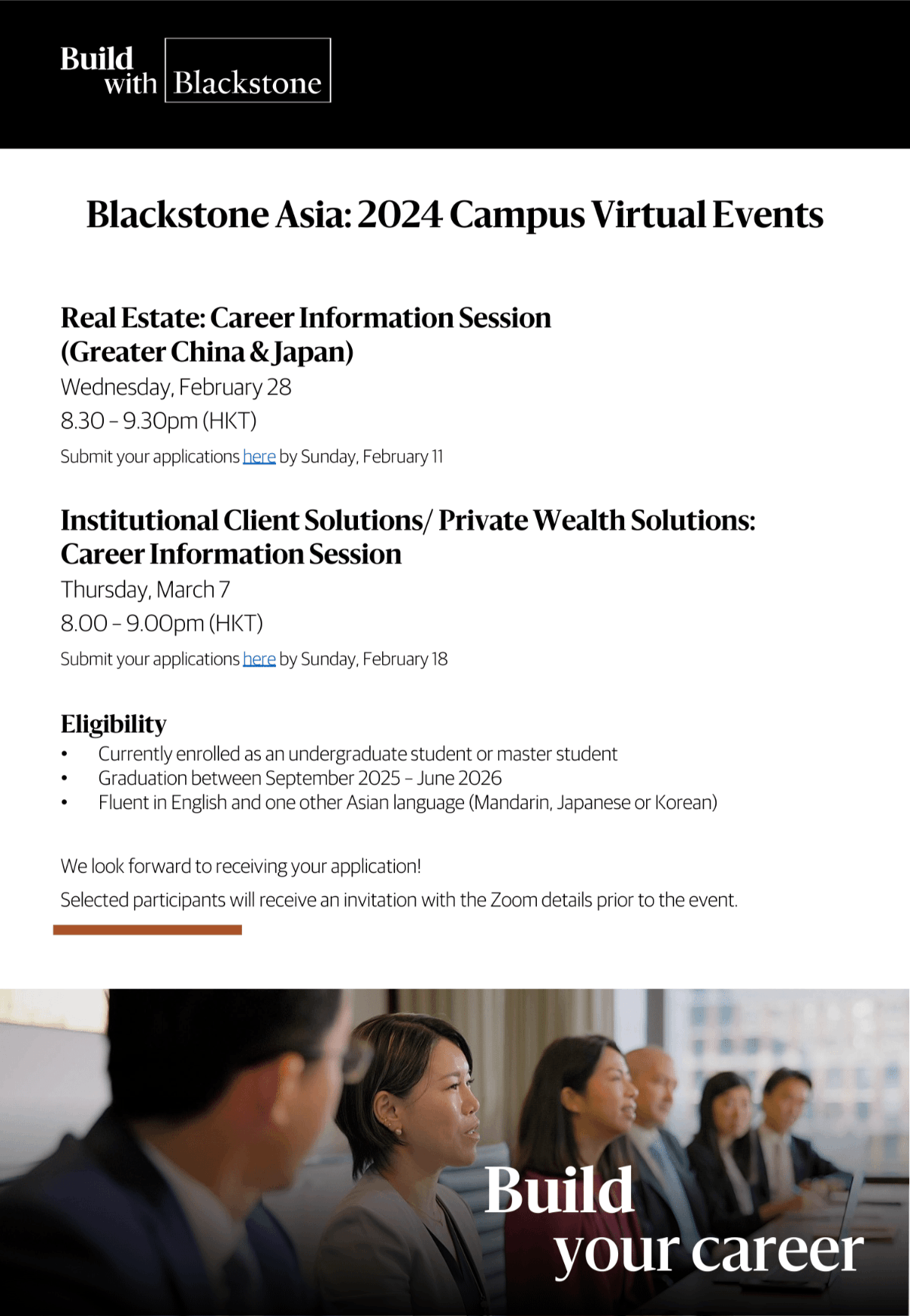 Blackstone Asia 2024 Campus Virtual Events: Institutional Client Solutions/ Private Wealth Solutions Career Information Session EDM image