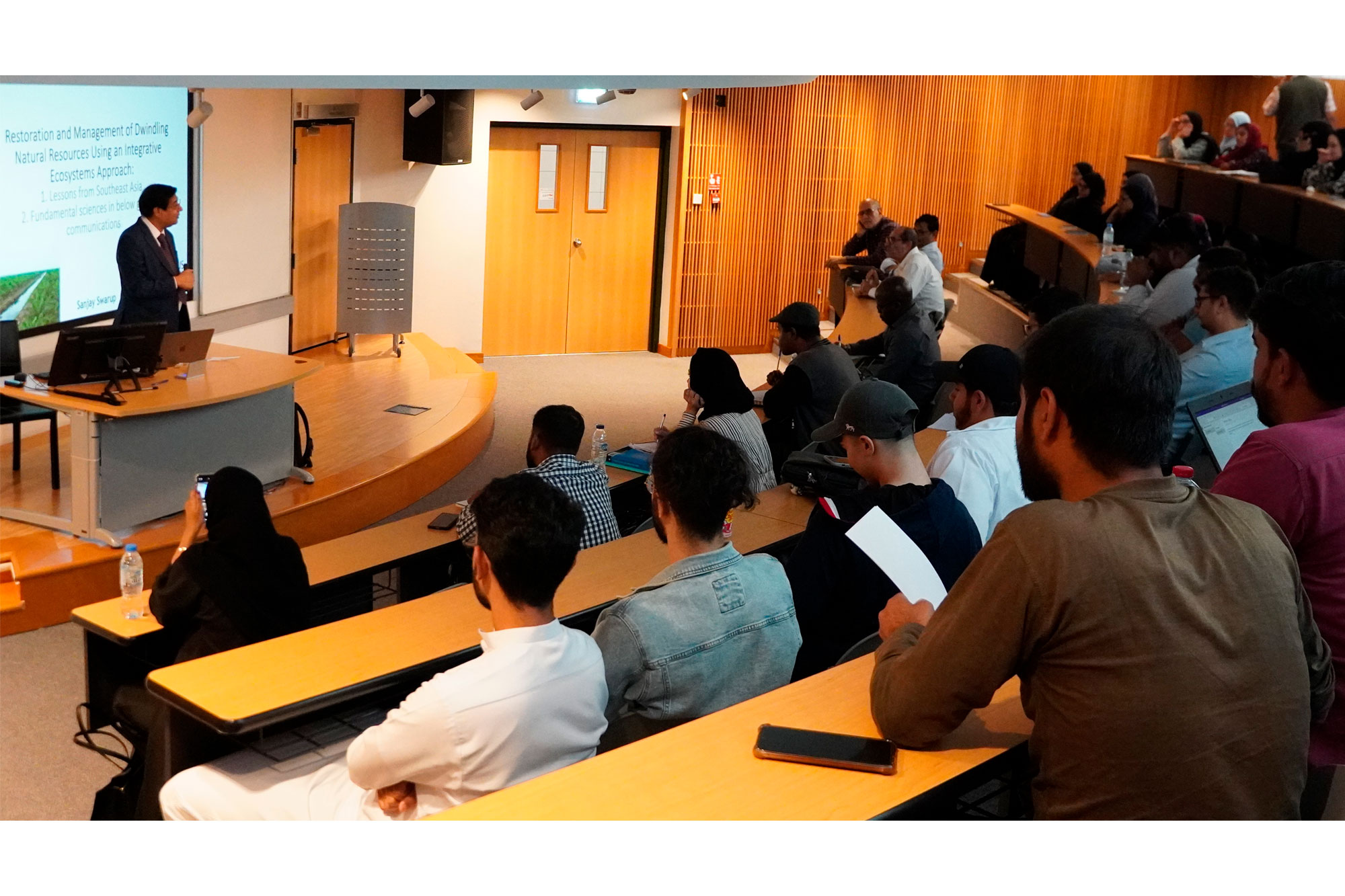 Assoc. Prof. Swarup sharing insights on sustainable natural resources restoration and management through an integrative ecosystems approach at the Department of Biology, College of Science, UAE University.