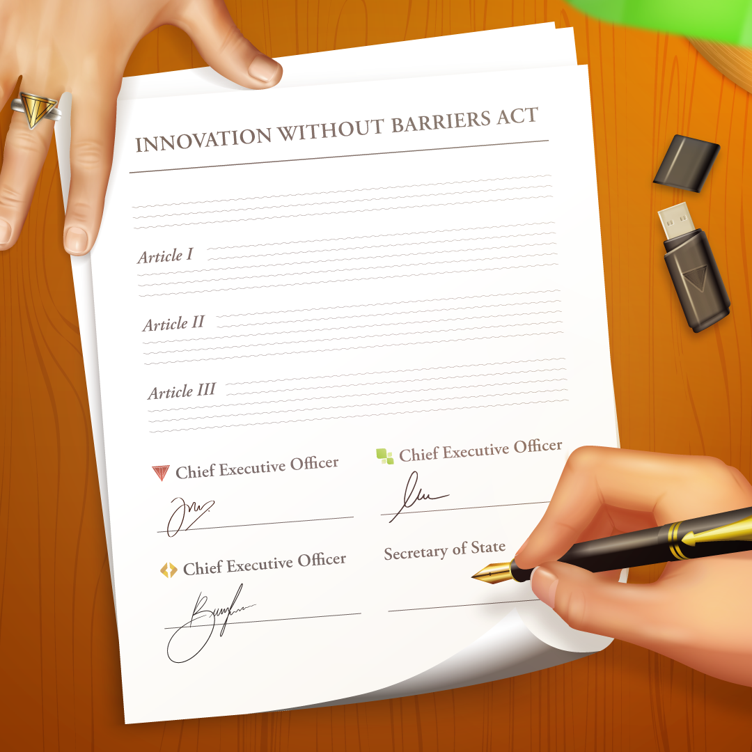 Illustration of an official signing an 'Innovation Without Barriers Act' already signed by three tech company CEOs